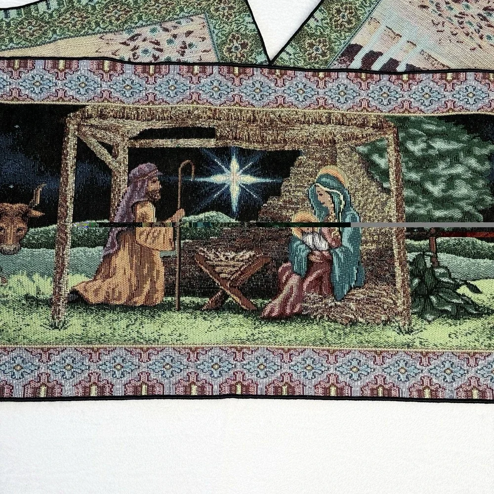 Vintage Christmas Nativity Table Runner 13x72 Woven Tapestry USA Manger Scene